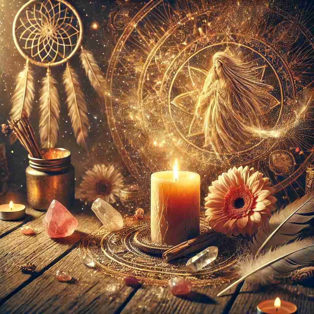 image d'objets spirituels, bougie, plumes, pierres, attrape-rêve...